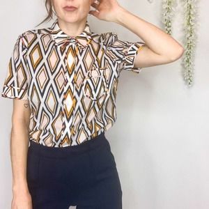 TORY BURCH Alana Solitaire short sleeve button down shirt preppy 70s geometric